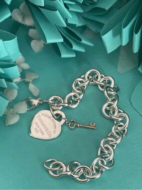 Tiffany & Co. Silver Heart Tag and Key Charm Bracelet
